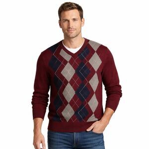 Linea Rosso Signature XL Merino Wool V Neck Argyle Sweater Rosewine NWT